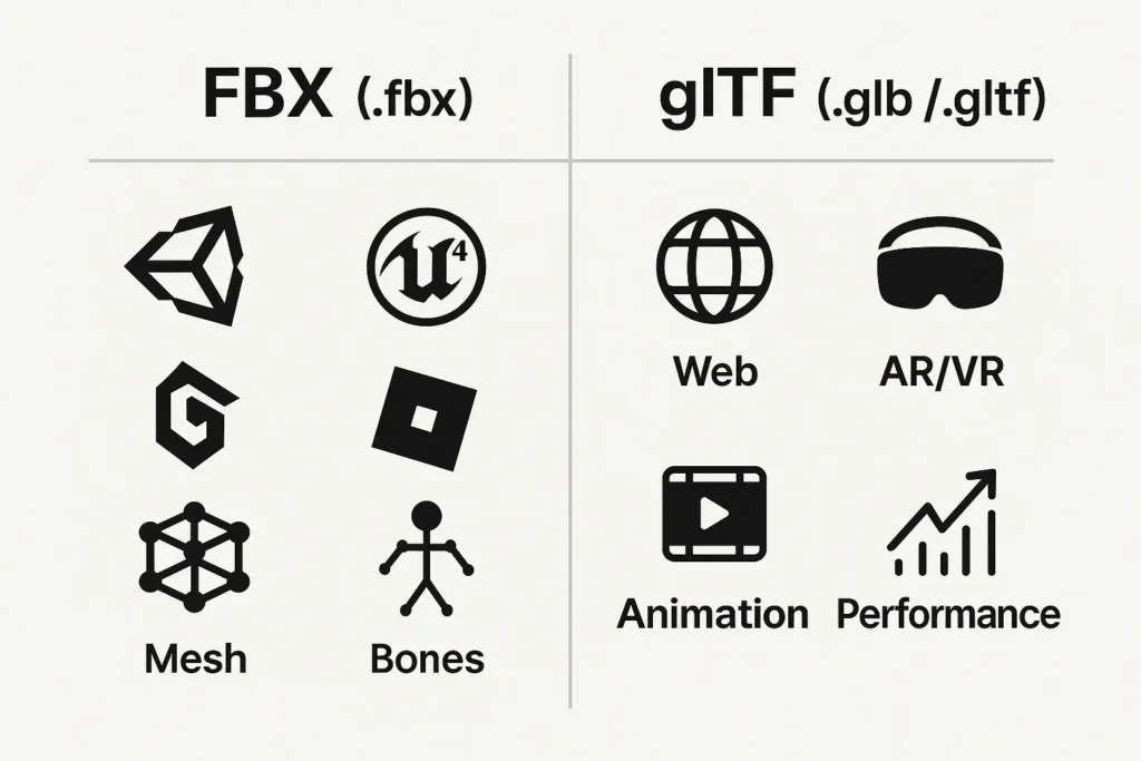 FBX vs glTF export format comparison for Blender — suitable platforms and features