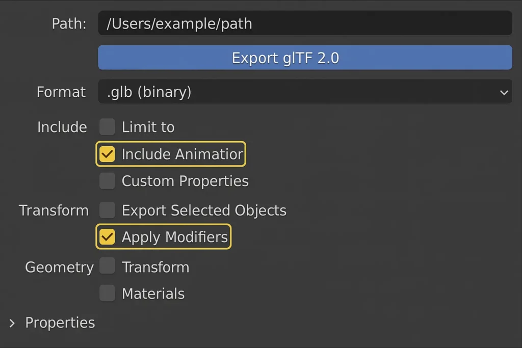 Blender glTF 2.0 export settings with animation and .glb format selected for AR and web use.