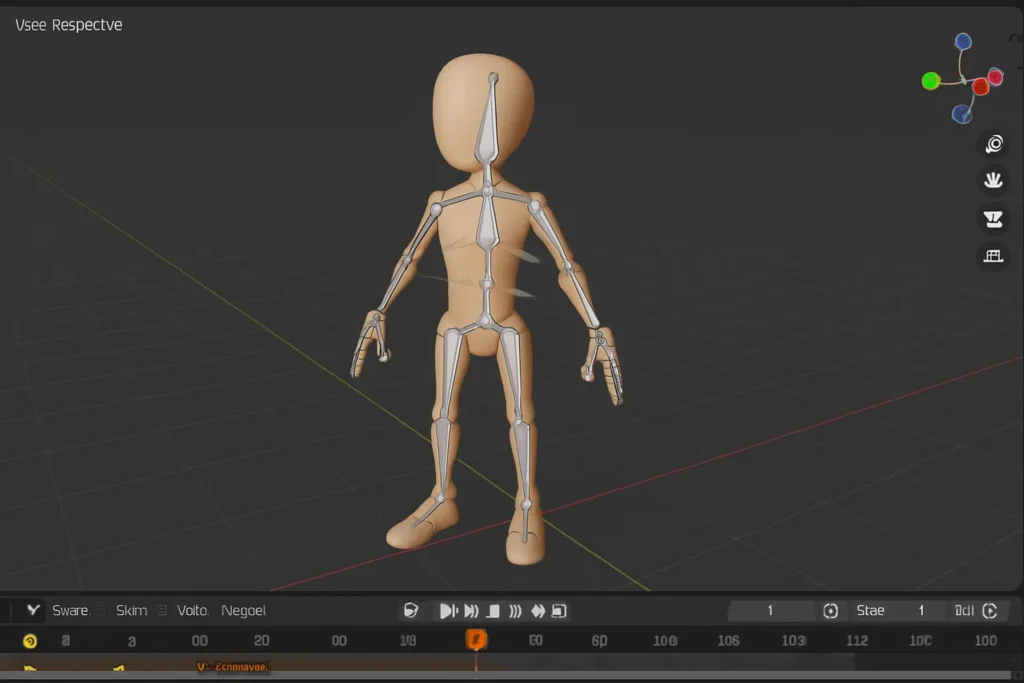 Blender scene with rigged 3D character and keyframes set on the timeline for export preparation.